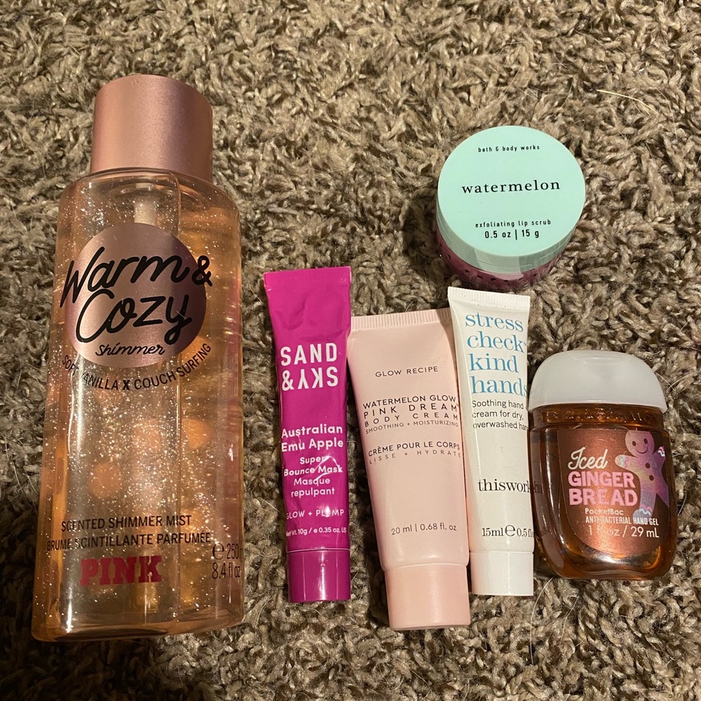 Lot of Pink glitter mist, B&Bworks lip scrub, hand sanitizer etc